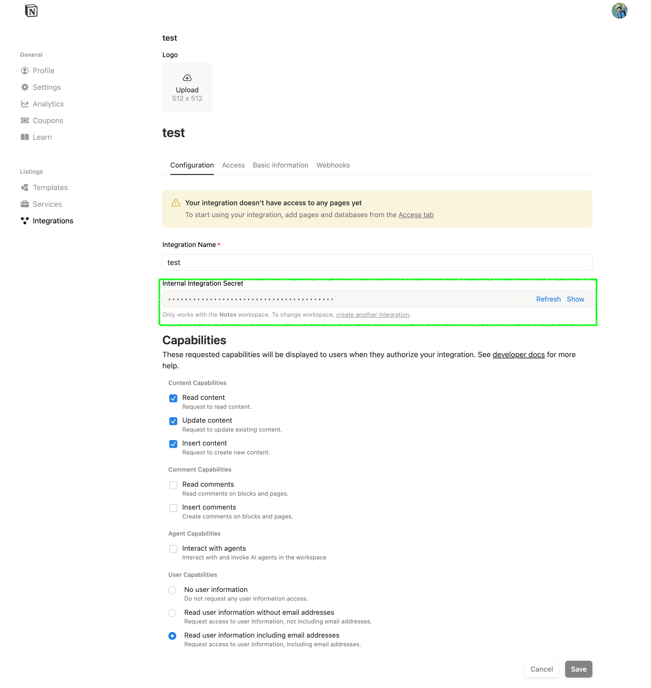 Notion Integration Secret Screenshot