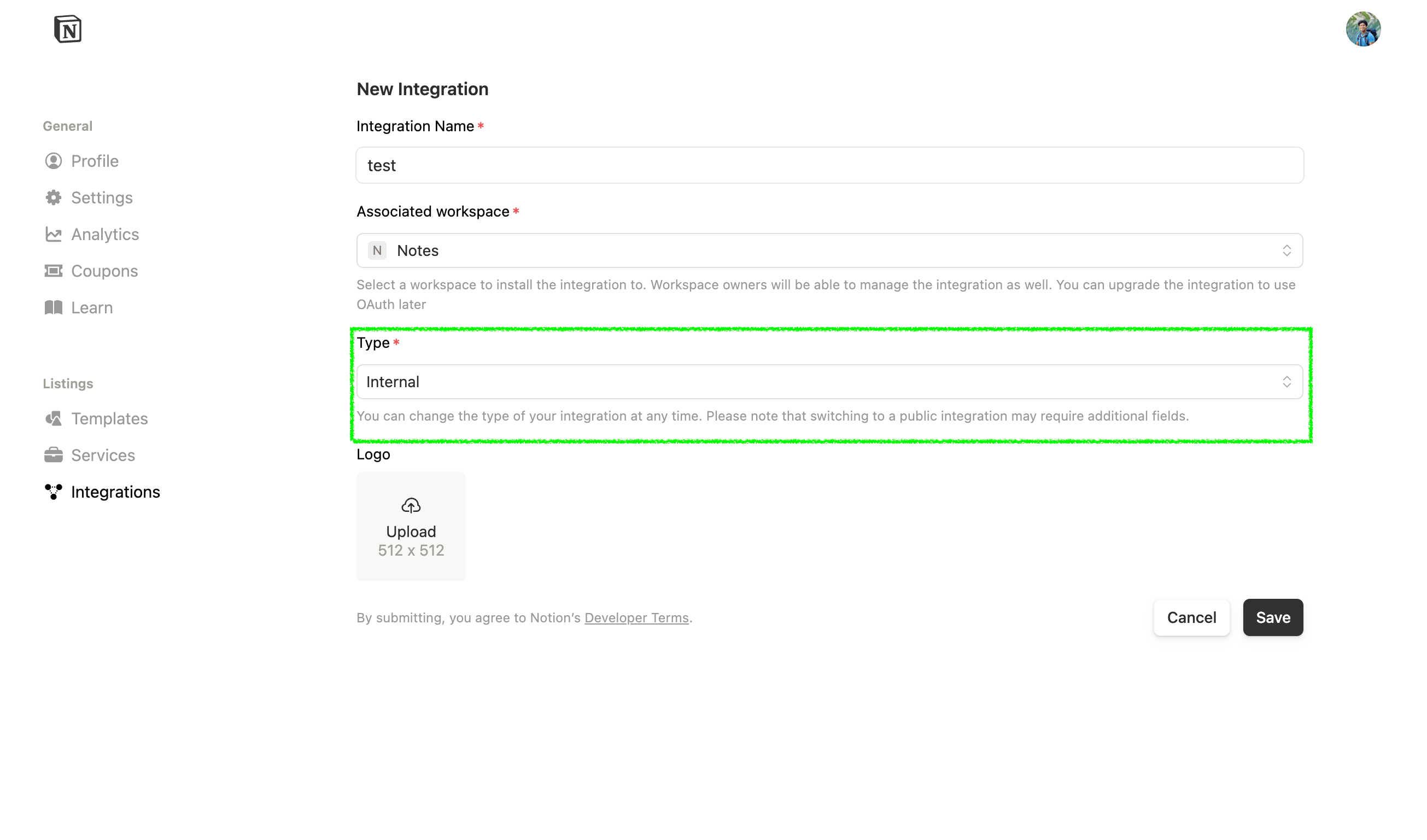 Notion New Integration Screenshot